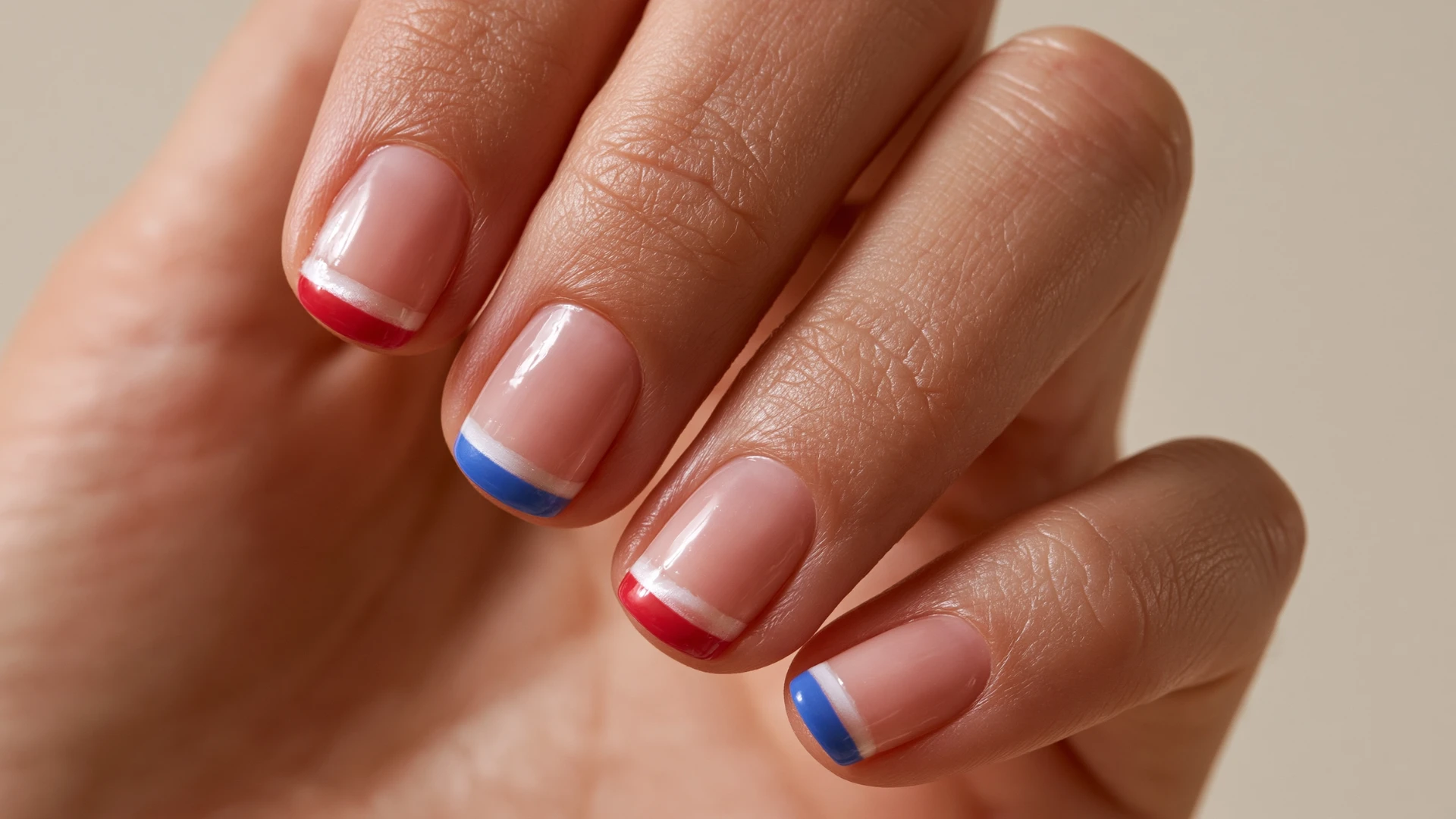 Hand showcasing creative French manicure with pale nude base and alternating blue and red tip details on each nail