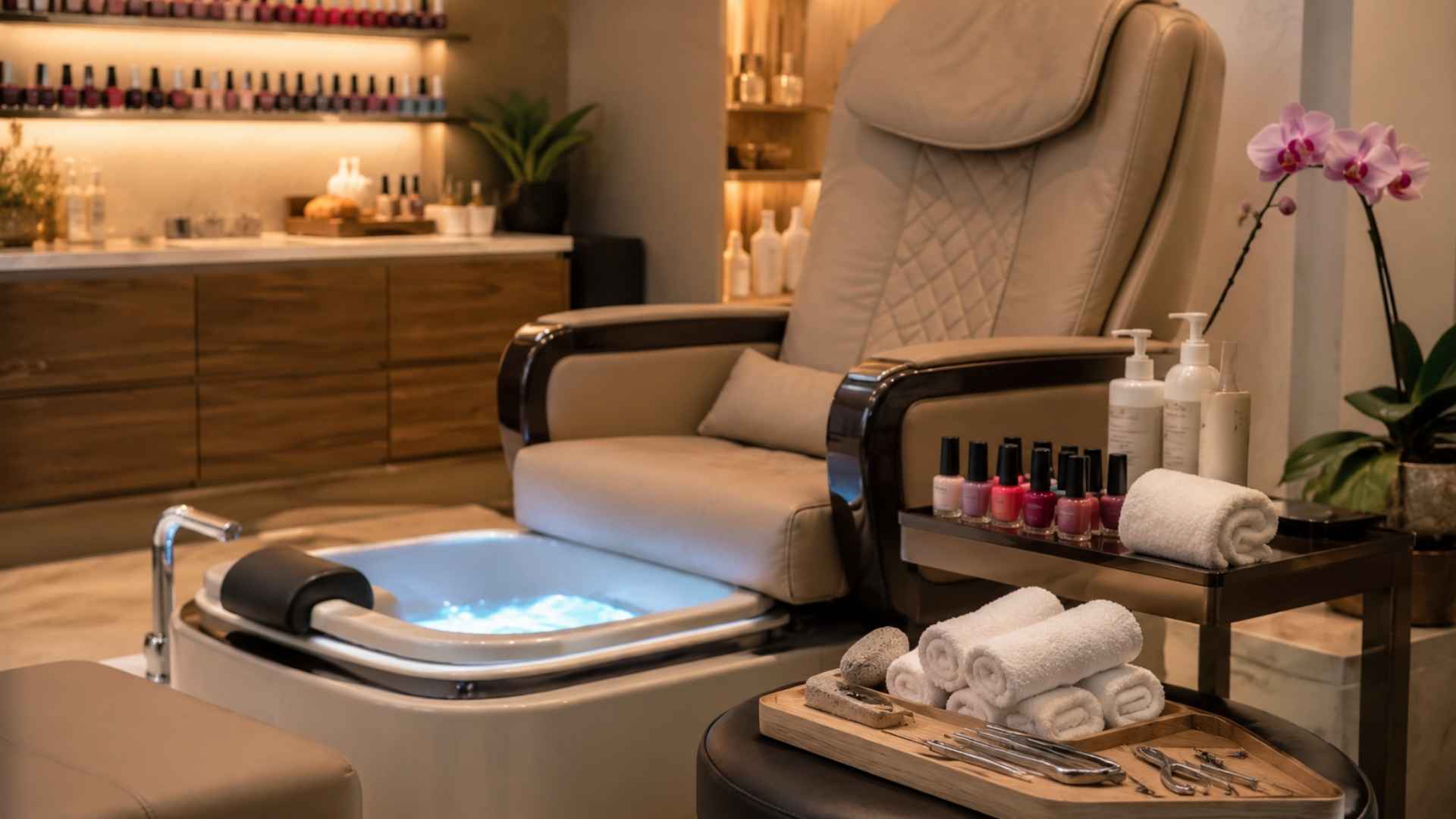 Modern pedicure spa station with chair, foot bath, nail polish bottles, towels, and salon tools arranged neatly