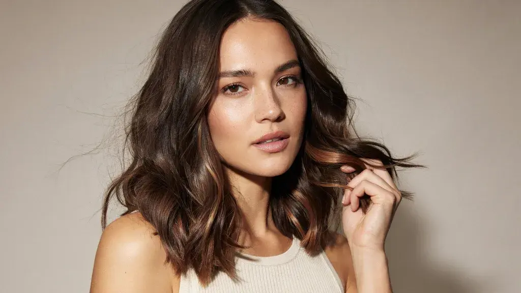 Dark brown hair with soft caramel highlights styled in loose waves with a smooth glossy finish and natural volume
