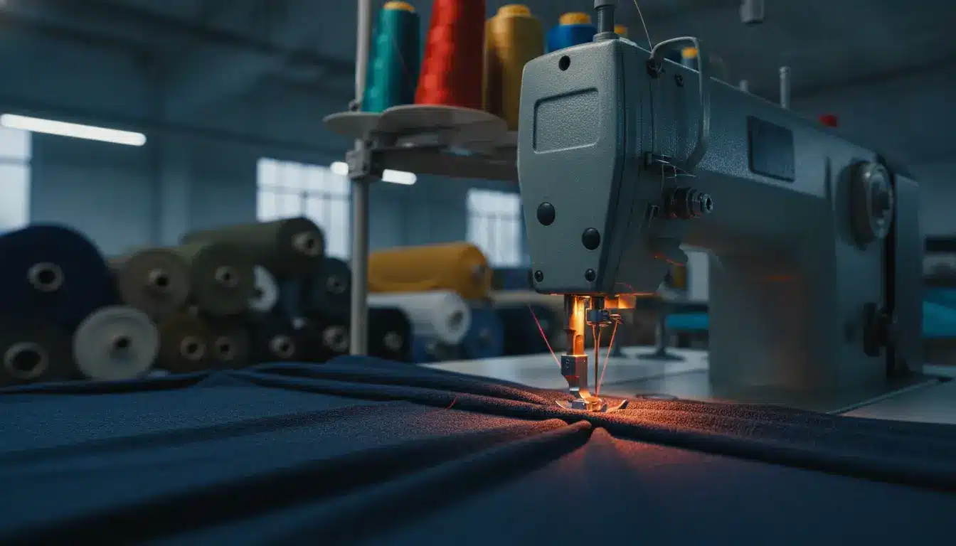 Industrial sewing machine stitching blue fabric in factory with spools of thread in background