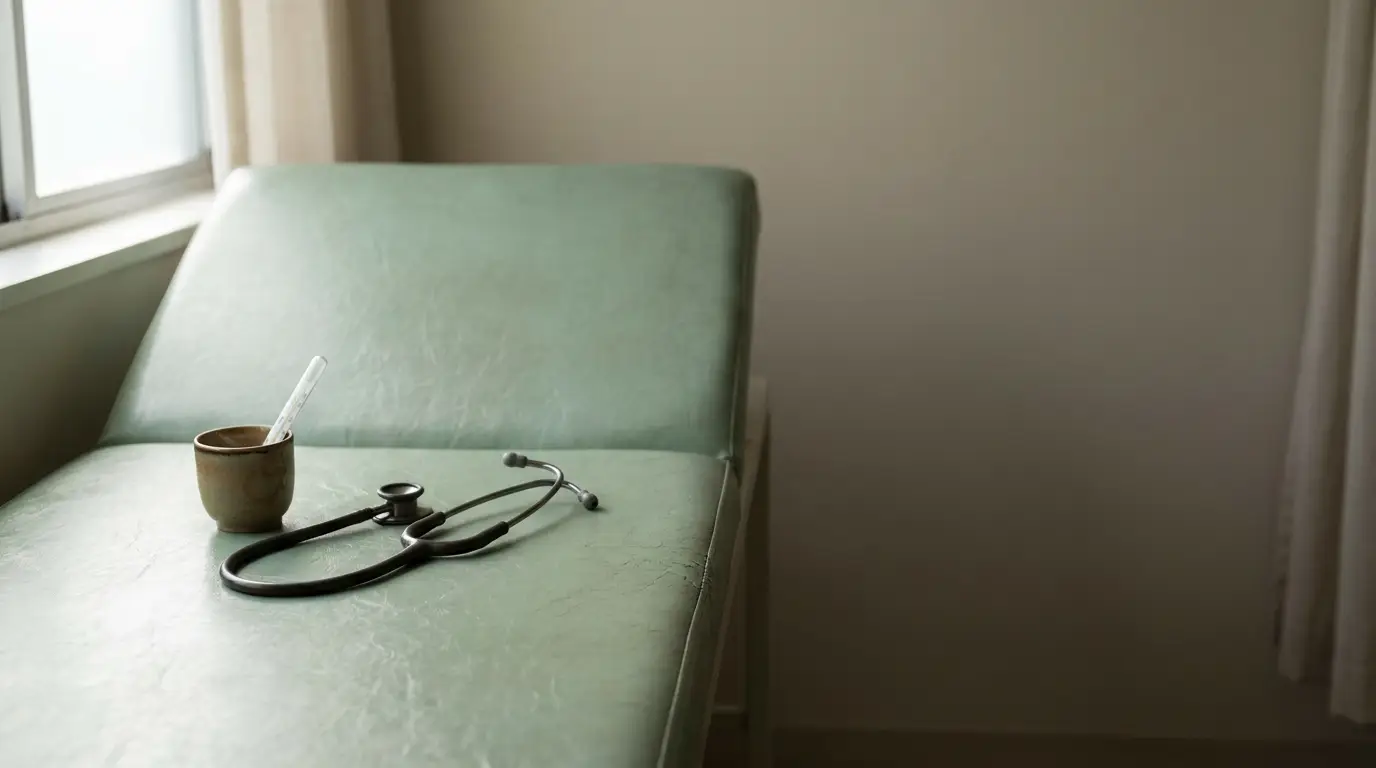 Stethoscope and cup with thermometer on green examination table near window in medical office
