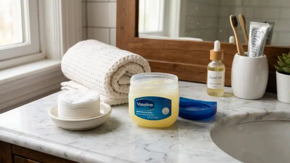 Petroleum jelly jar, cotton pads, and towel for gentle hair dye stain removal.