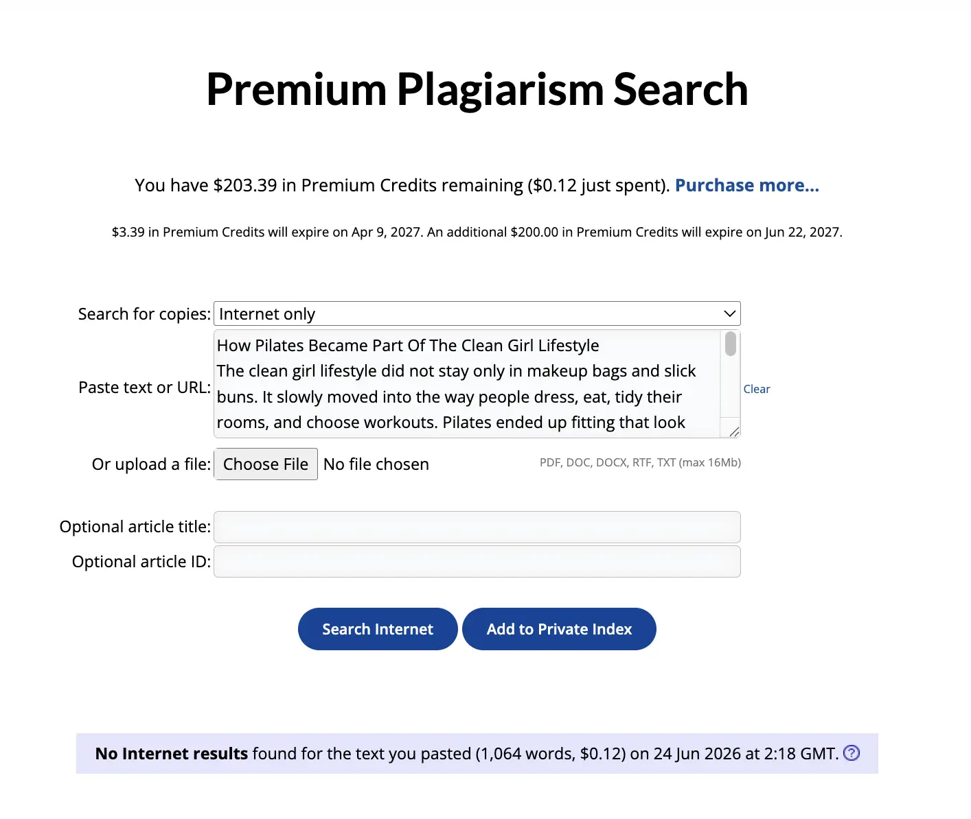 Plagiarism search tool interface with text input and search options in a web browser window