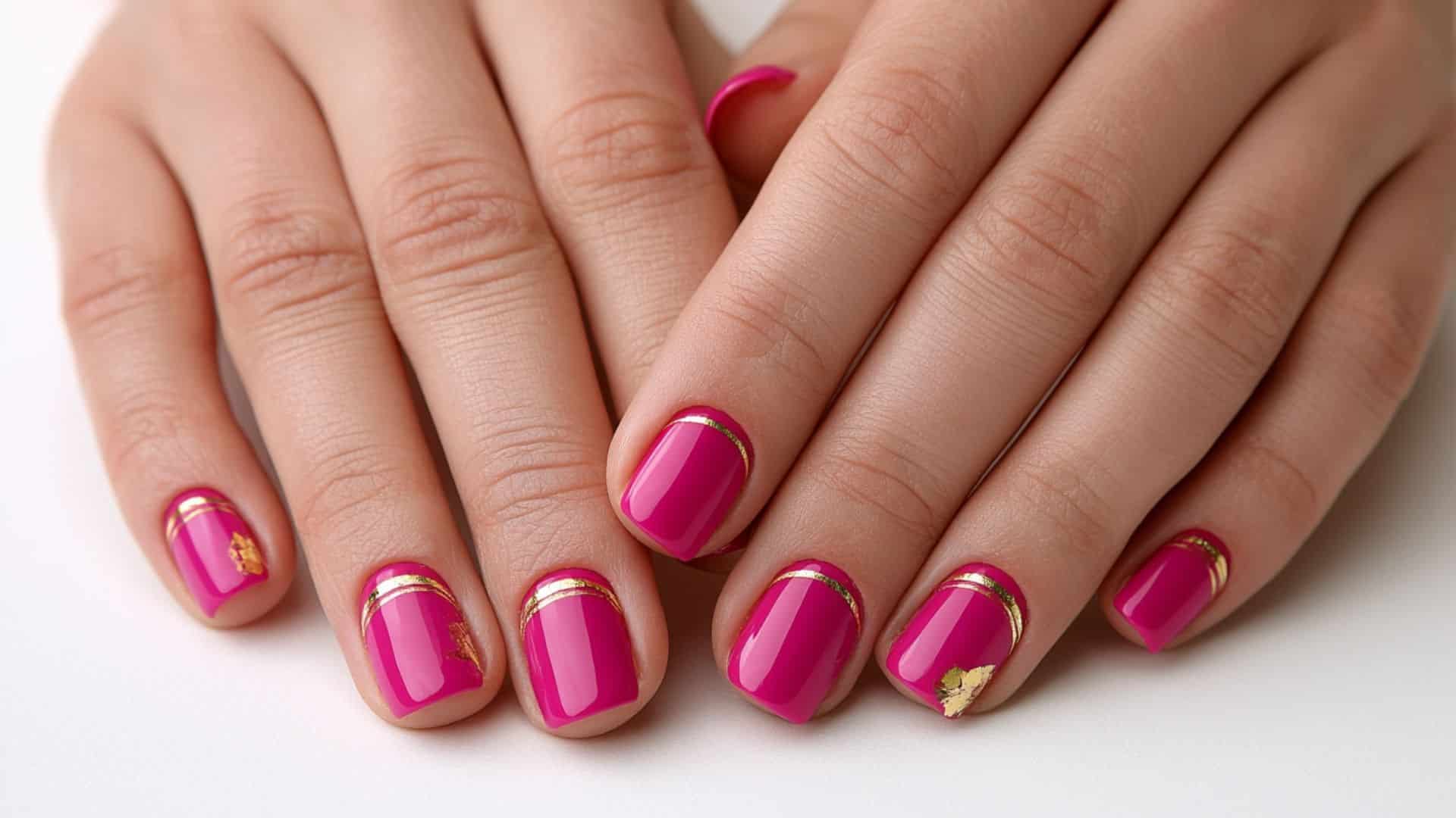 Hot pink nails with gold foil and thin gold line accents.