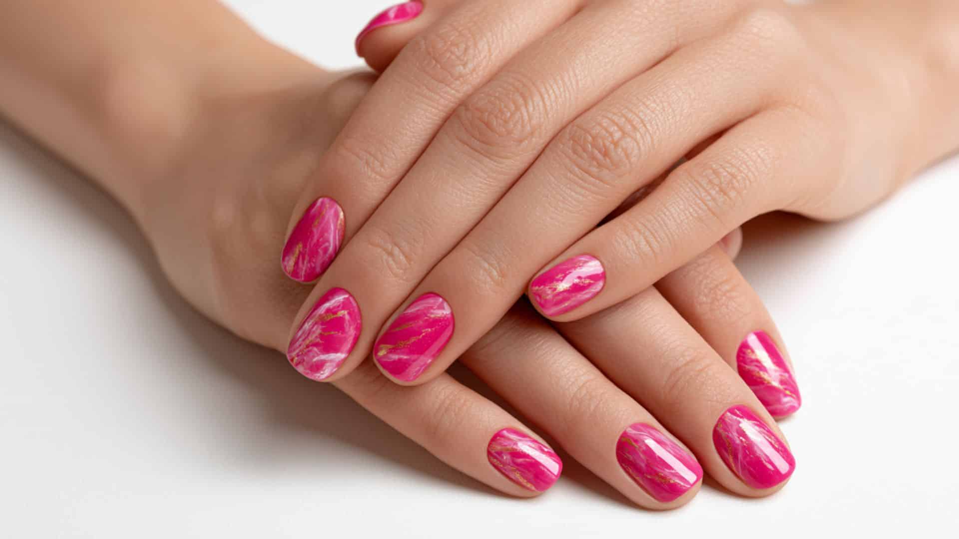 Hot pink nails with white and gold marble swirl pattern.