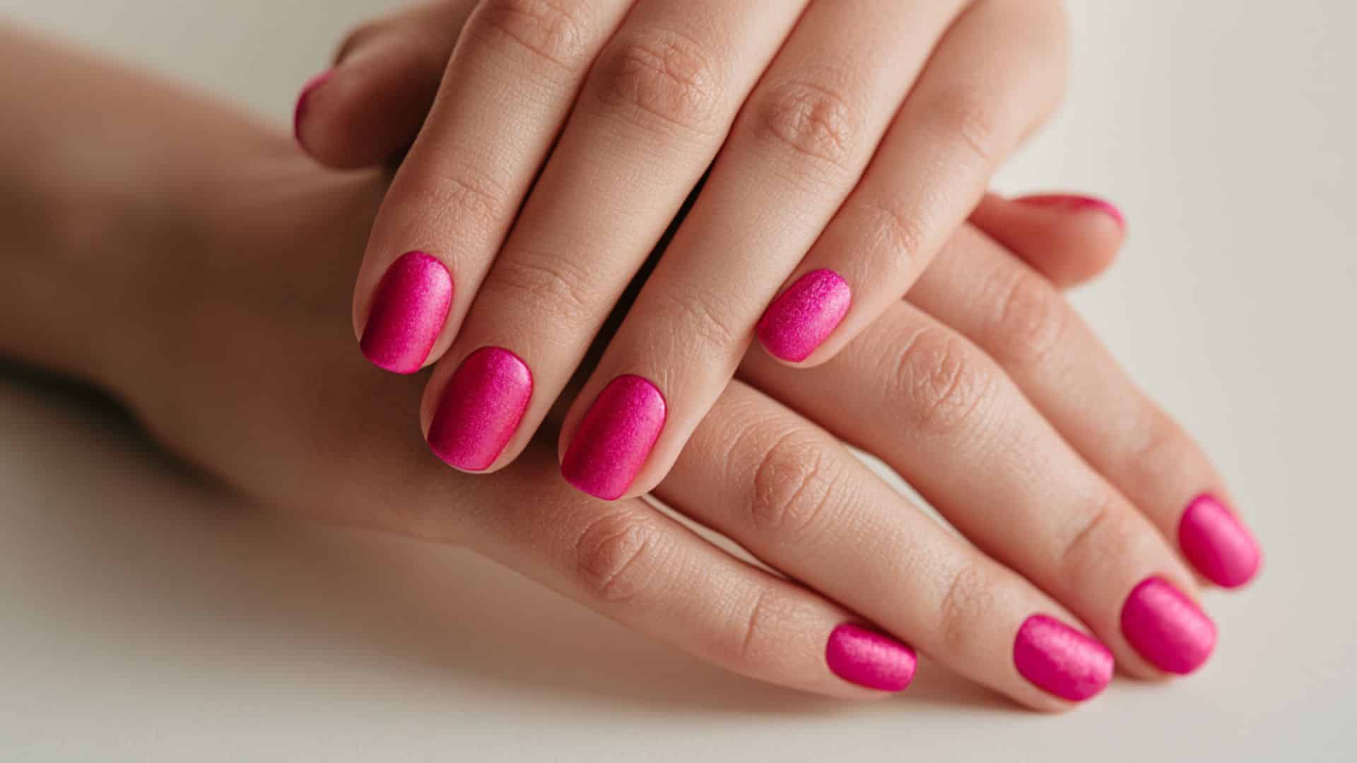 Matte textured hot pink nails with a velvet like finish