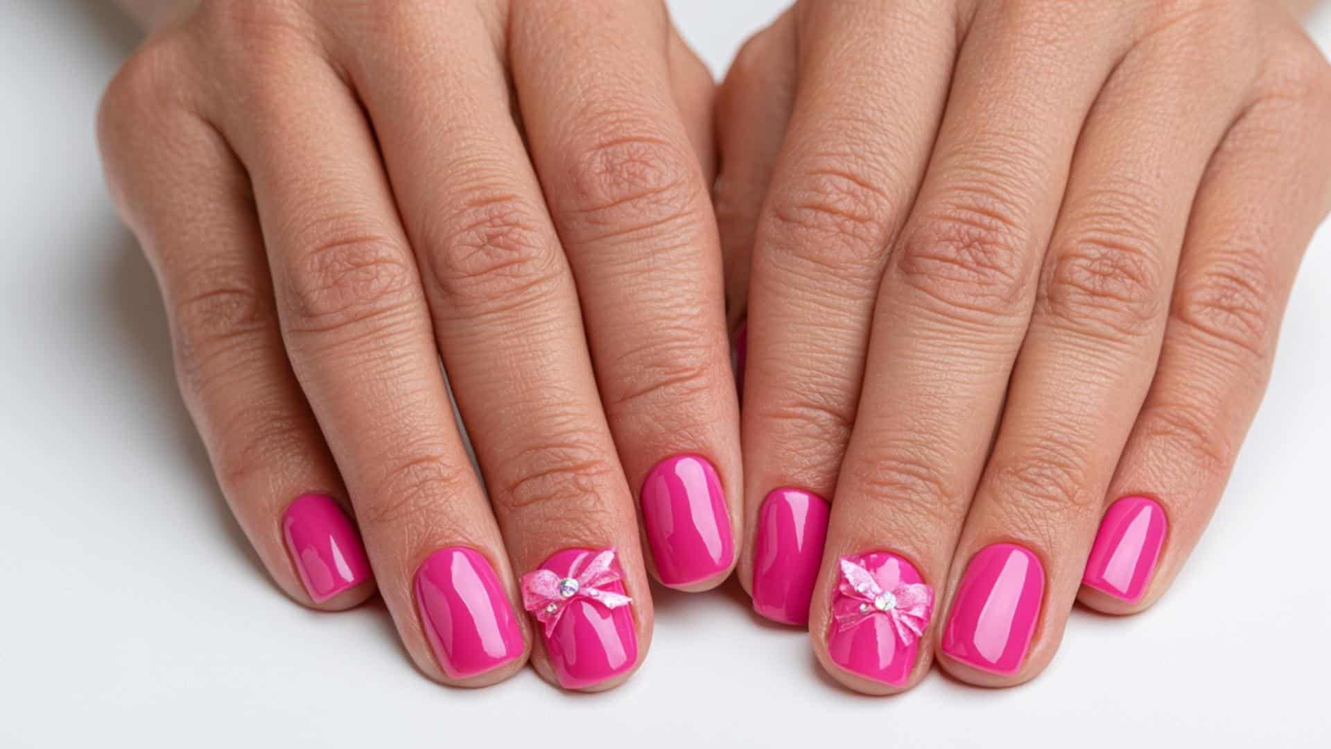 Hot pink glossy nails featuring a dimensional pink bow with rhinestone accent on two fingers.