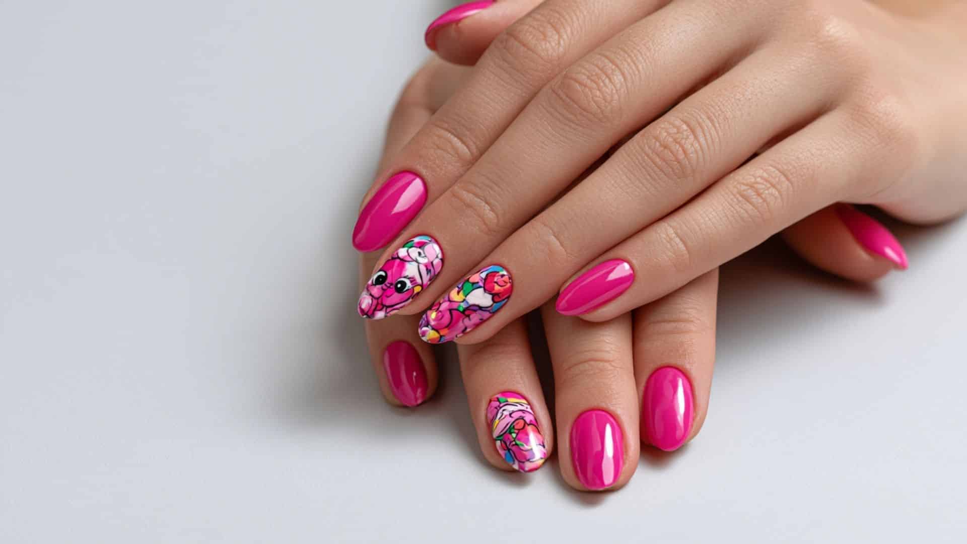 Hot Pink nails with colorful cartoon character art on three fingures .