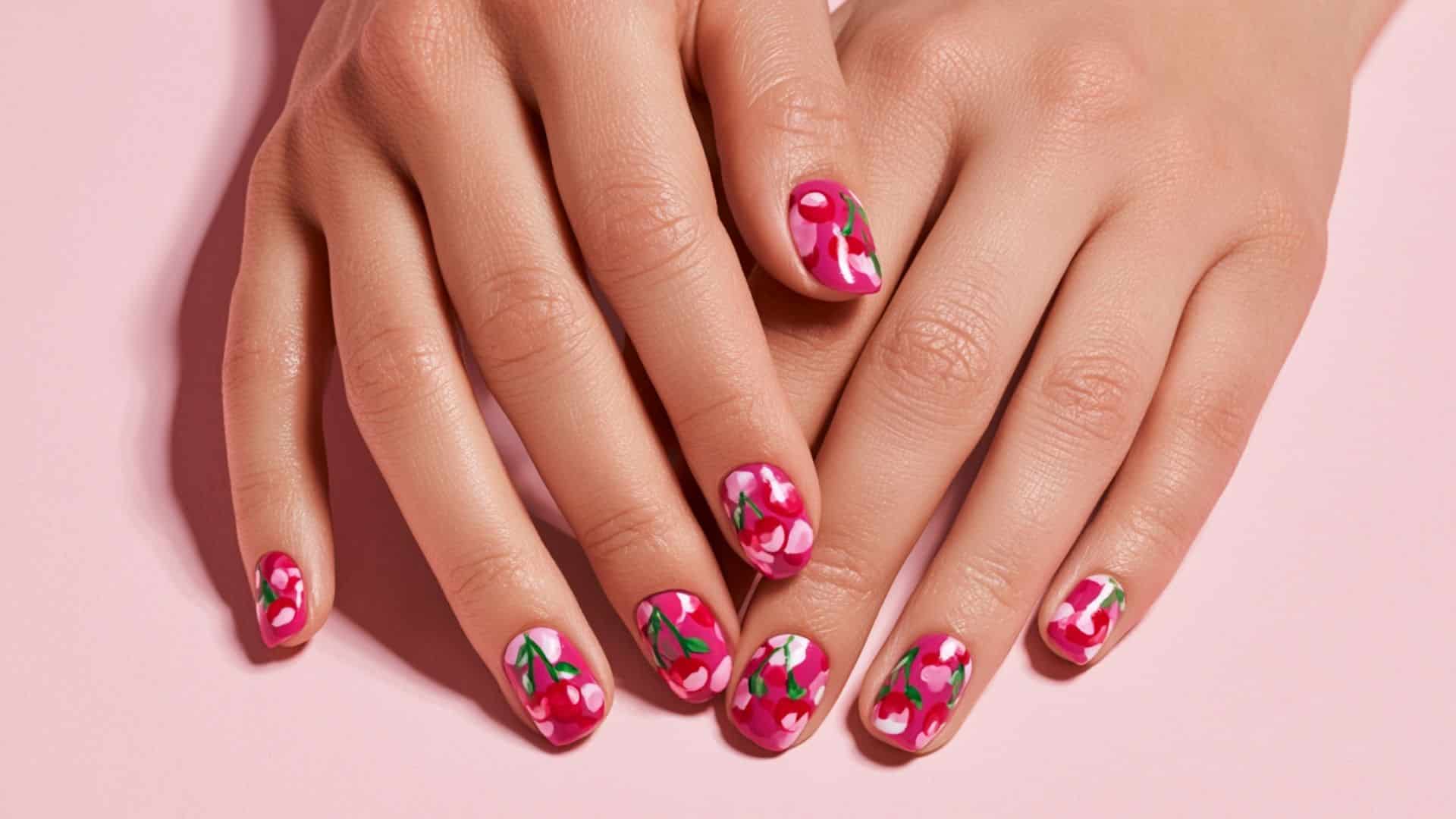 Hot Pink manicure with hand painted cherry fruit design and green leaf details on every nail.