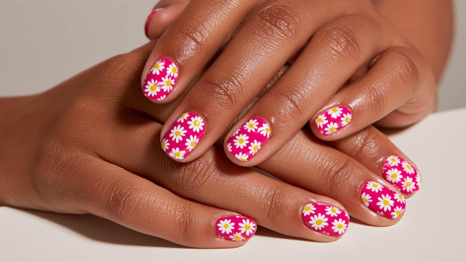Hot pink nails covered in white and yellow daisy print.