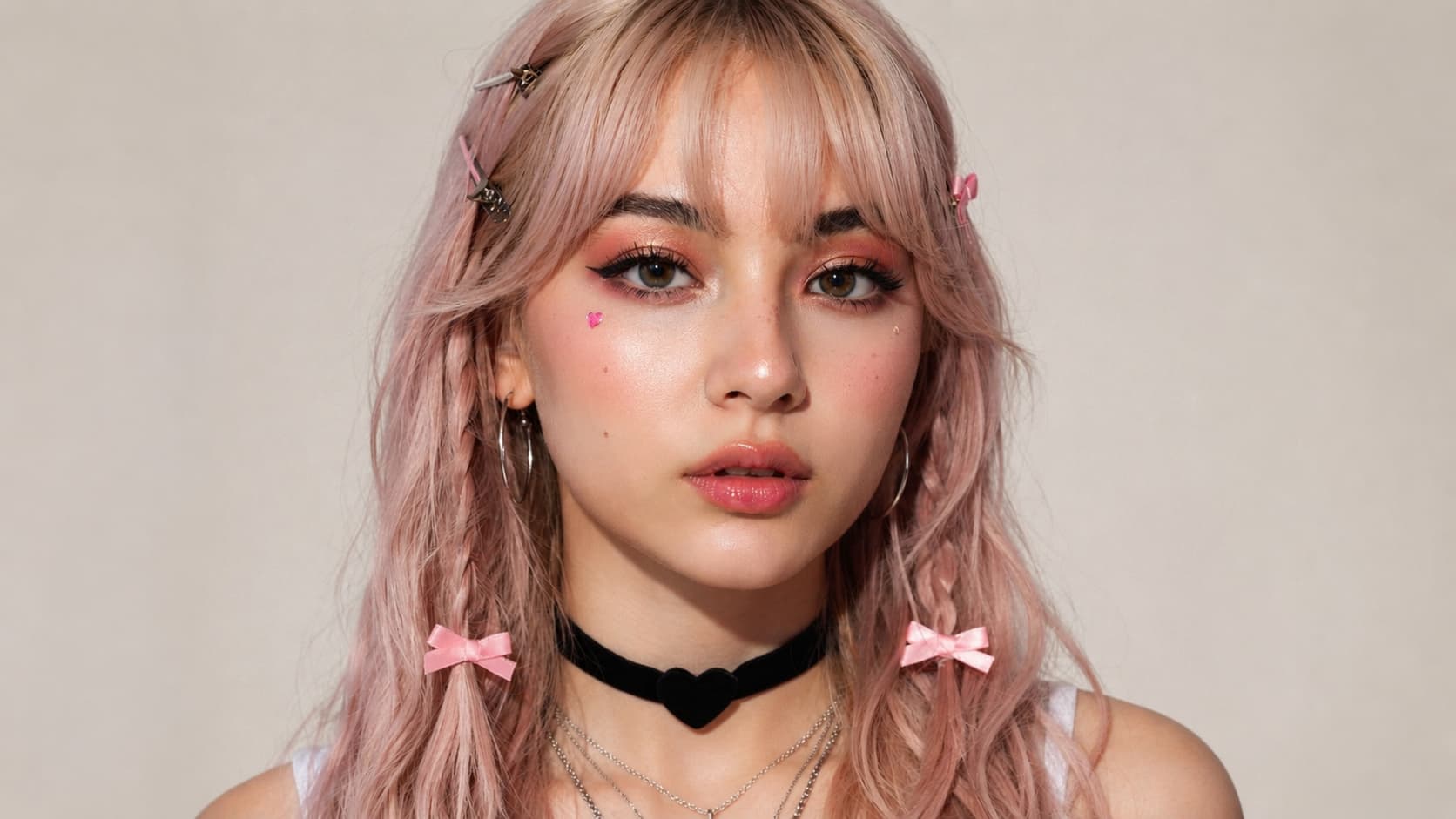 Woman with pastel pink braided hair, pink eyeshadow, winged liner, and a heart choker.