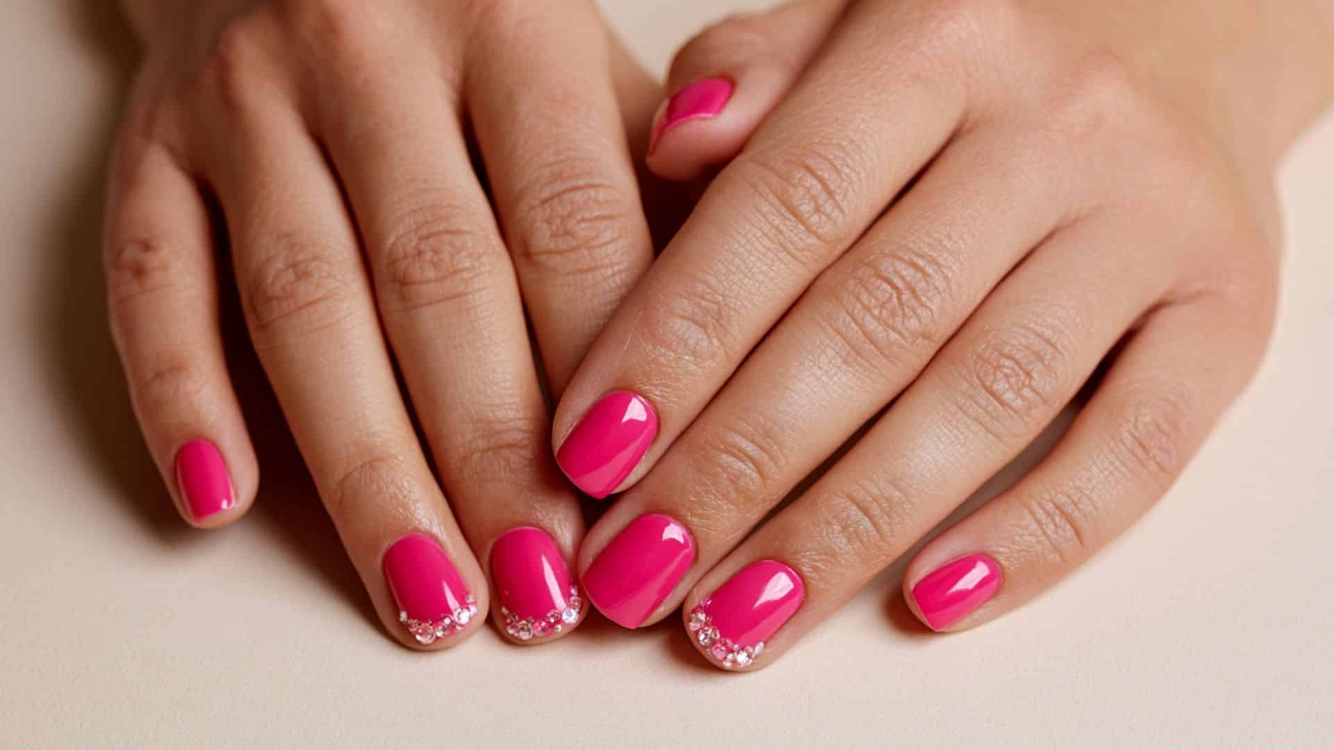 Glossy hot pink nails with clustered crystal gemstone accents.