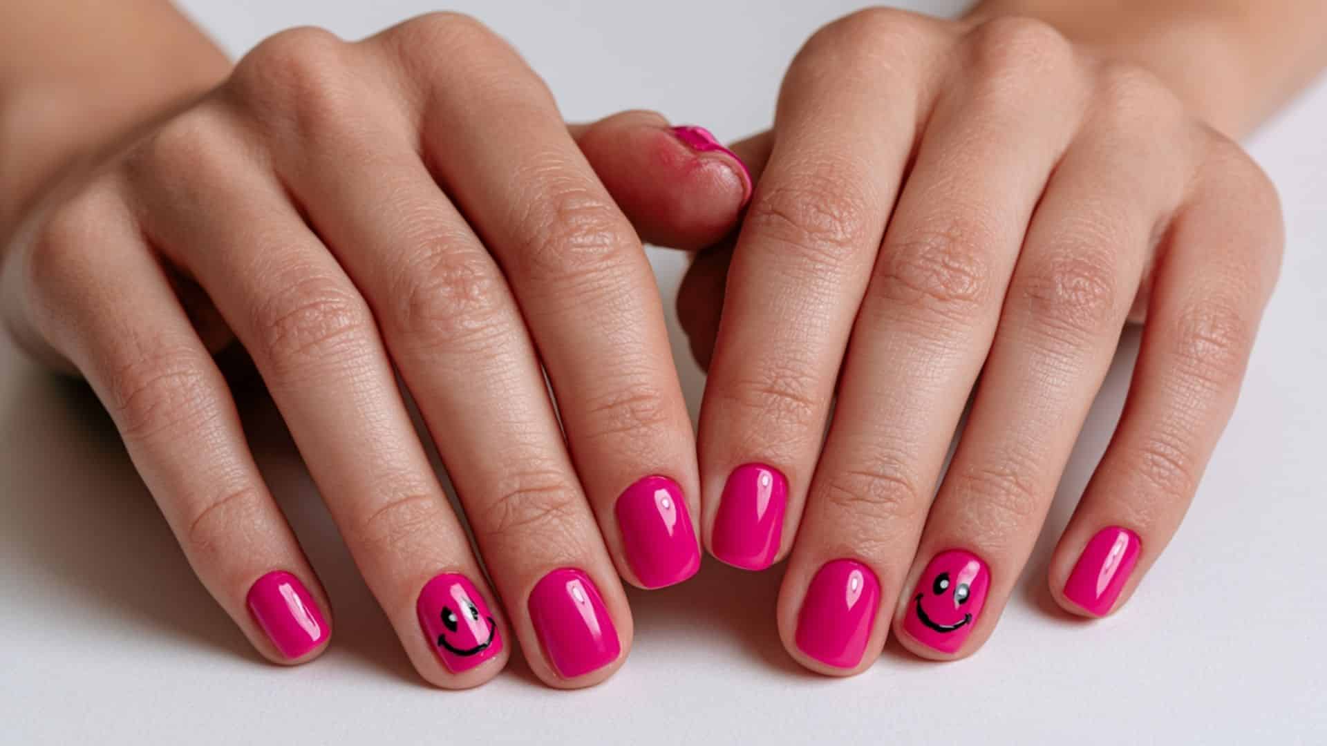 Hot pink glossy manicure with black smiley face accent nails on two fingers.