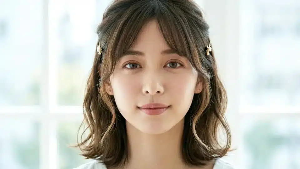 Woman with curtain bangs pinned back using clips while loose face framing strands create an elegant hairstyle