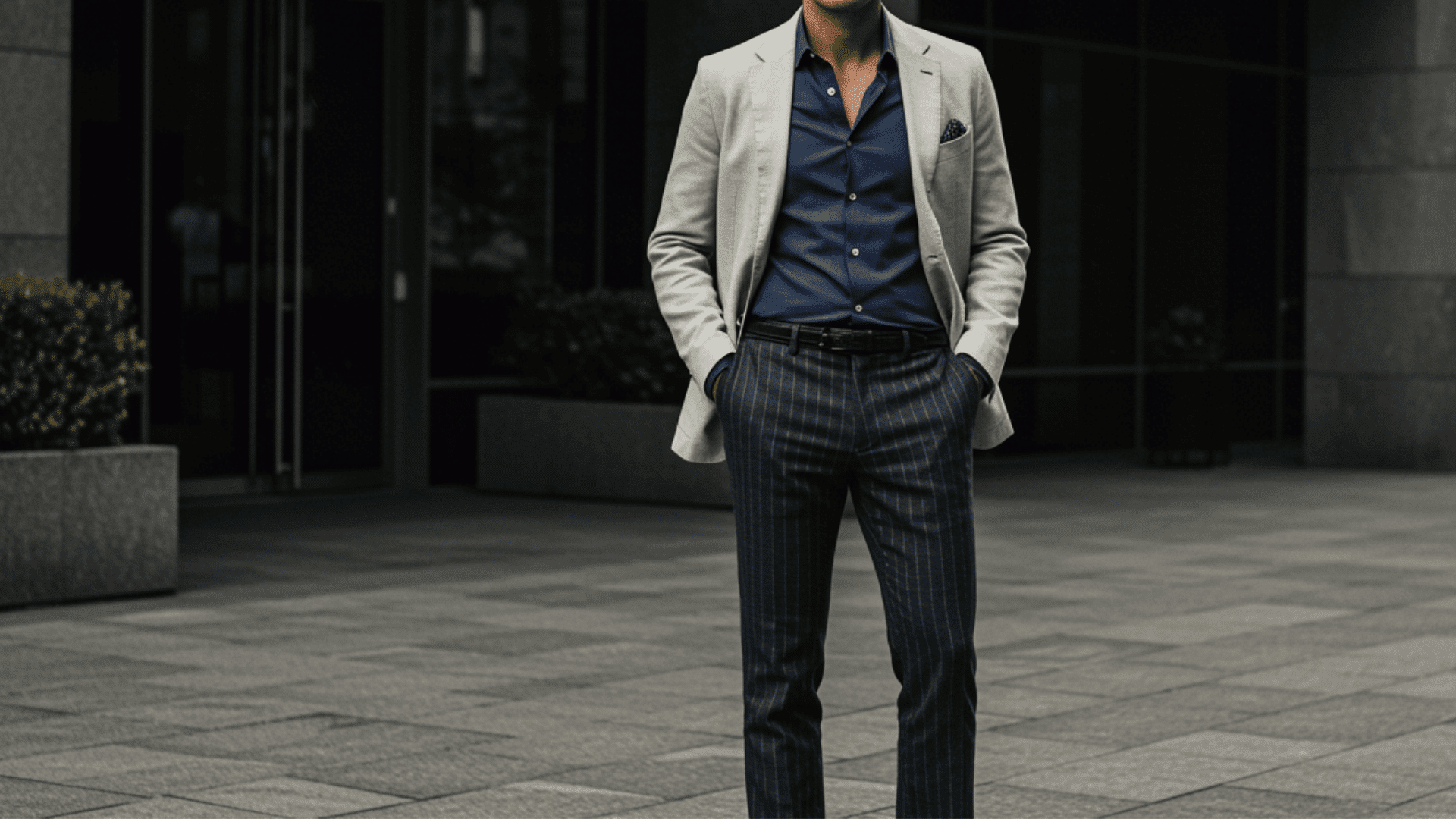 Silver pinstripe flare trousers for men in a formal look