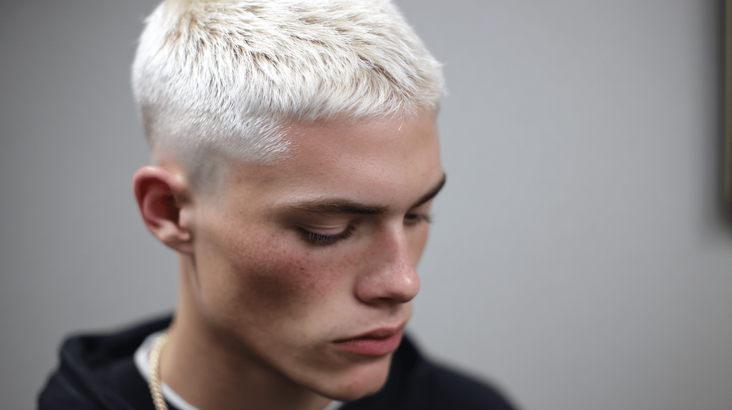 Man with a platinum buzz fade haircut featuring short bleached hair and faded sides.
