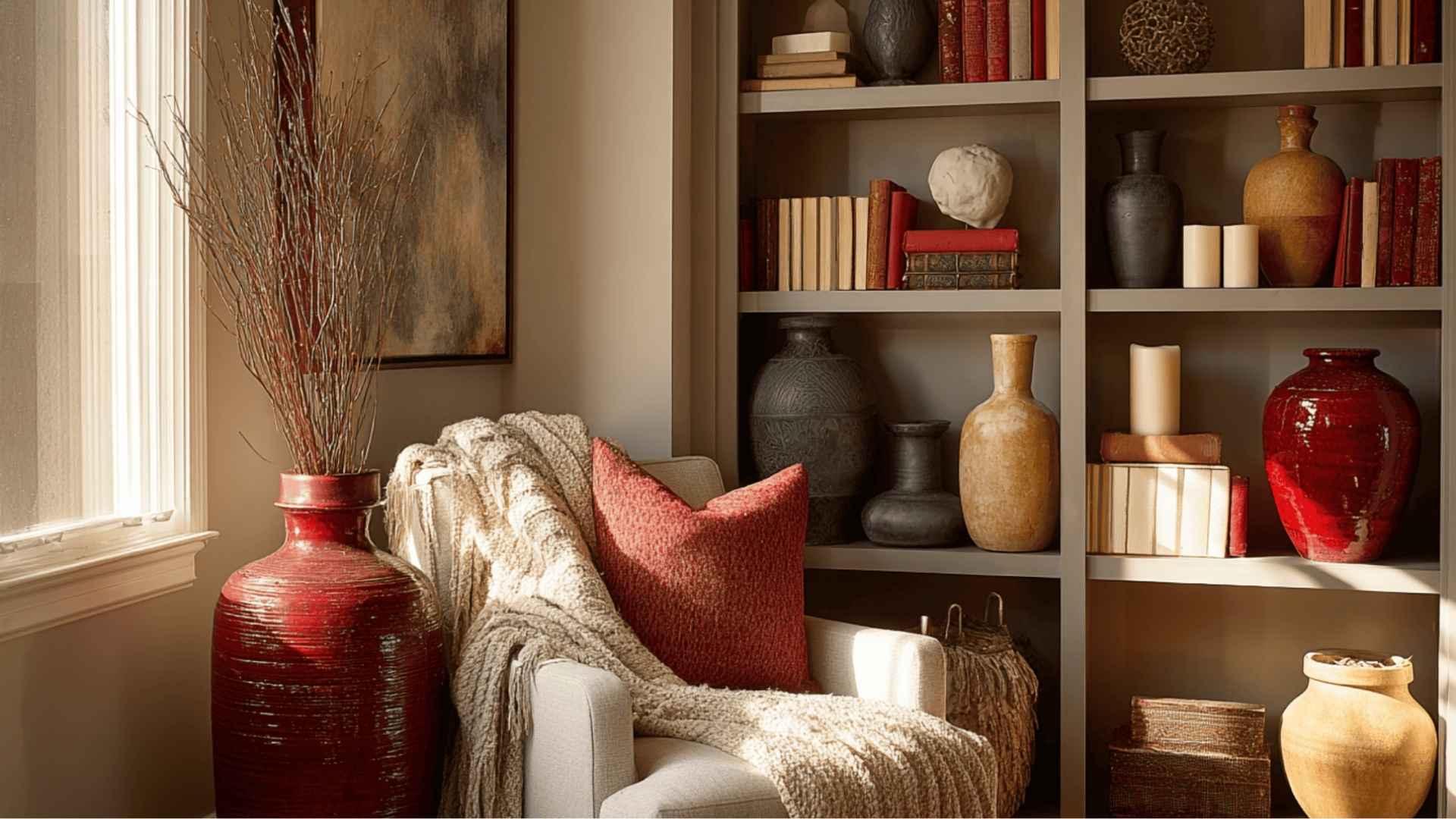 Bookshelf styled with varied object heights for visual flow