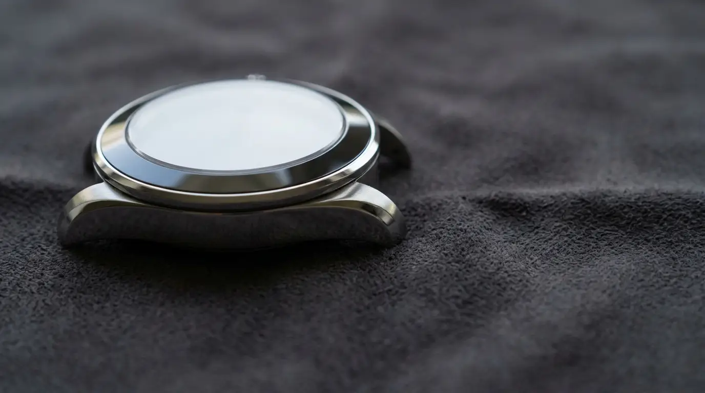 Metal watch case without straps resting on dark textured fabric