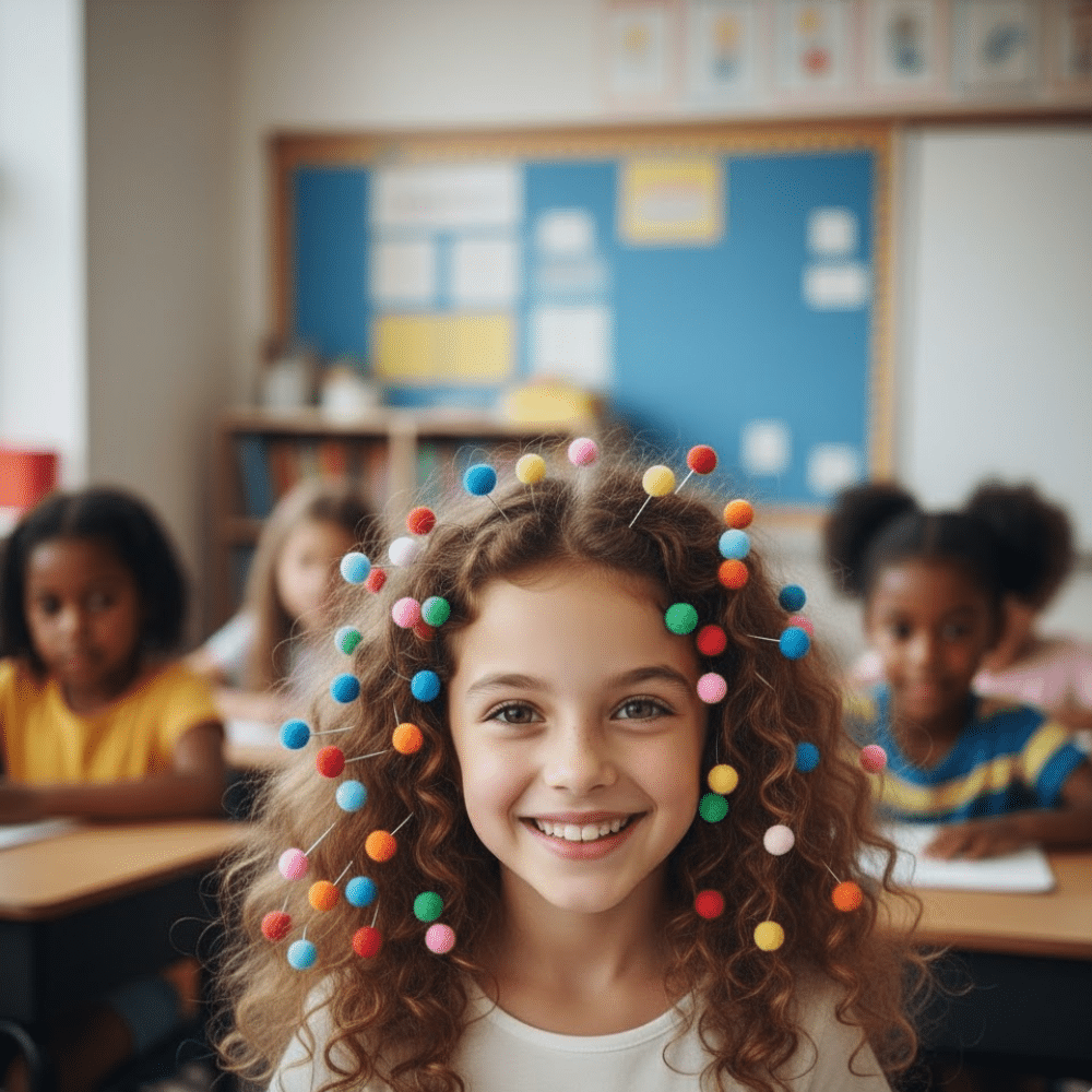 Child with curly hair decorated with colorful pom poms for a fun crazy hair day classroom style.