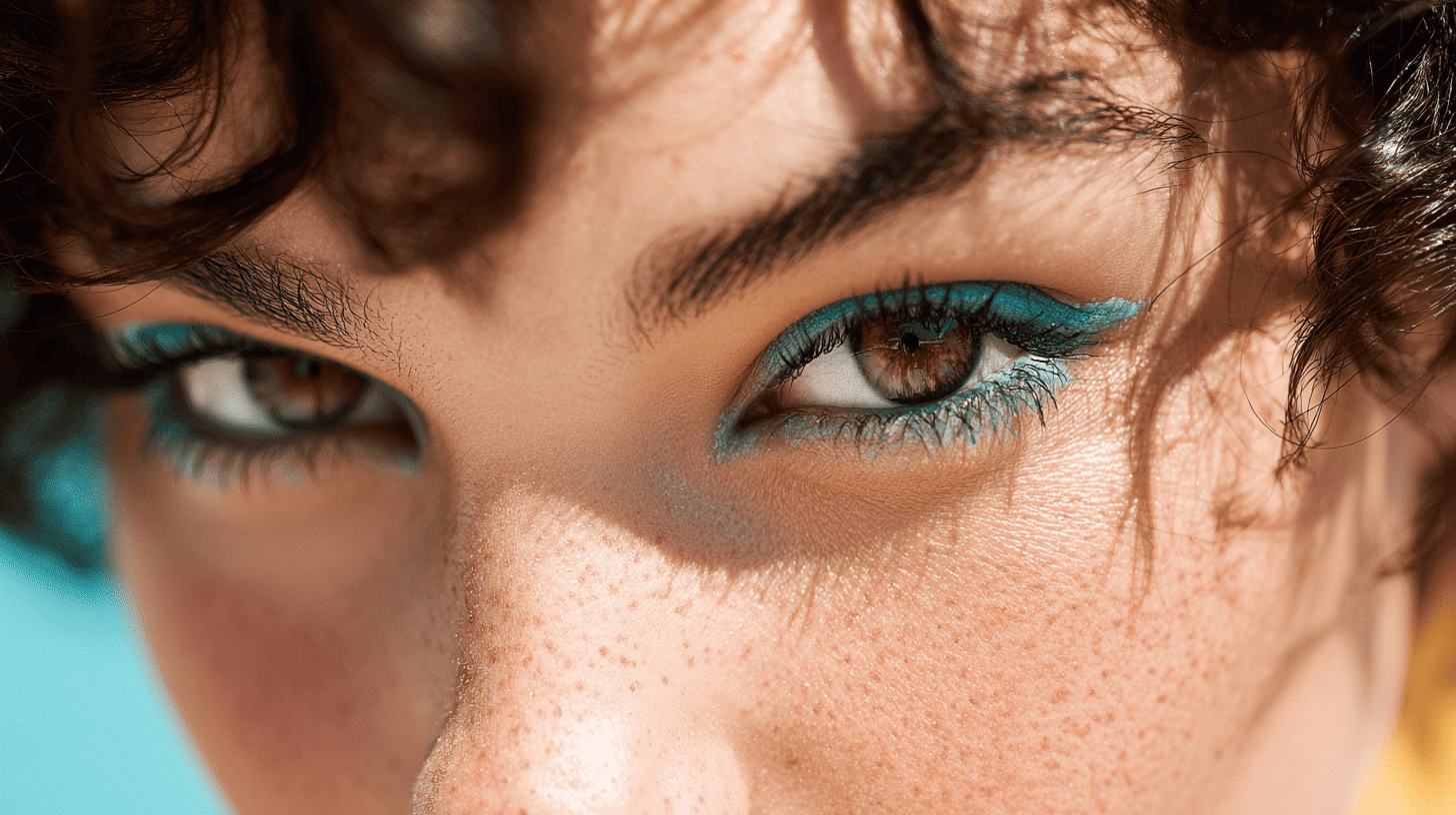 Woman wearing teal eyeshadow on the lower lash line with a soft neutral eye makeup look.
