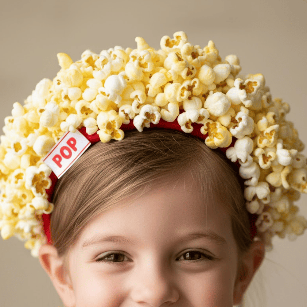 Child wearing a popcorn themed headband with fluffy popcorn pieces and a playful design.