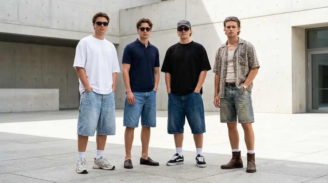 Popular modern jorts styles including baggy, knee-length, relaxed-fit, and vintage washes