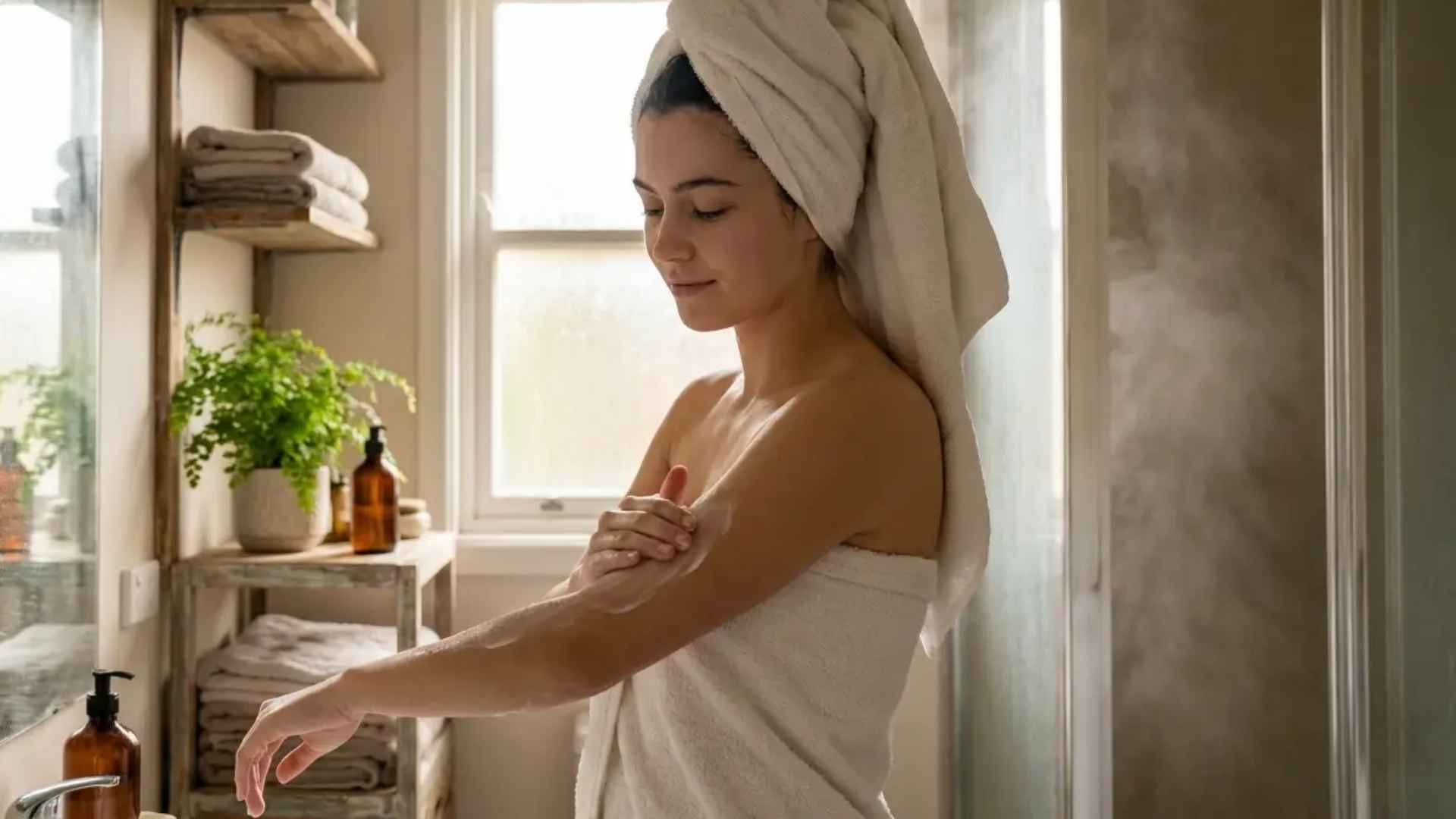 Woman wrapped in a towel applying body lotion in a warm, cozy bathroom after showering.