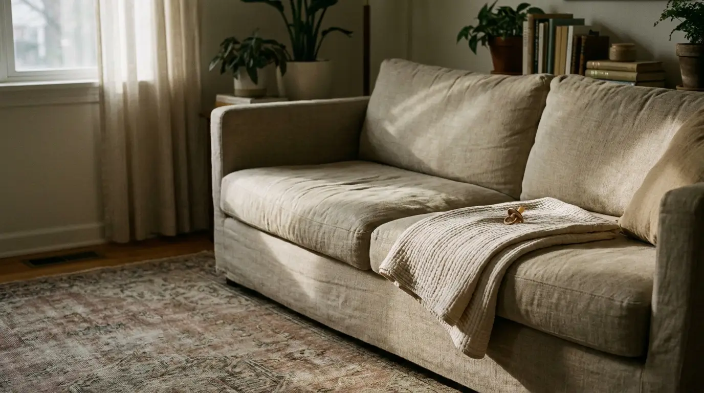 Beige sofa with textured blanket in sunlit living room with plants and books