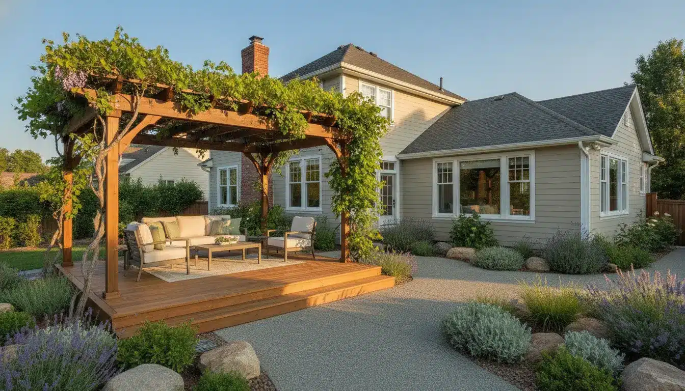 Wooden pergola with climbing plants and outdoor seating in a well-landscaped backyard patio