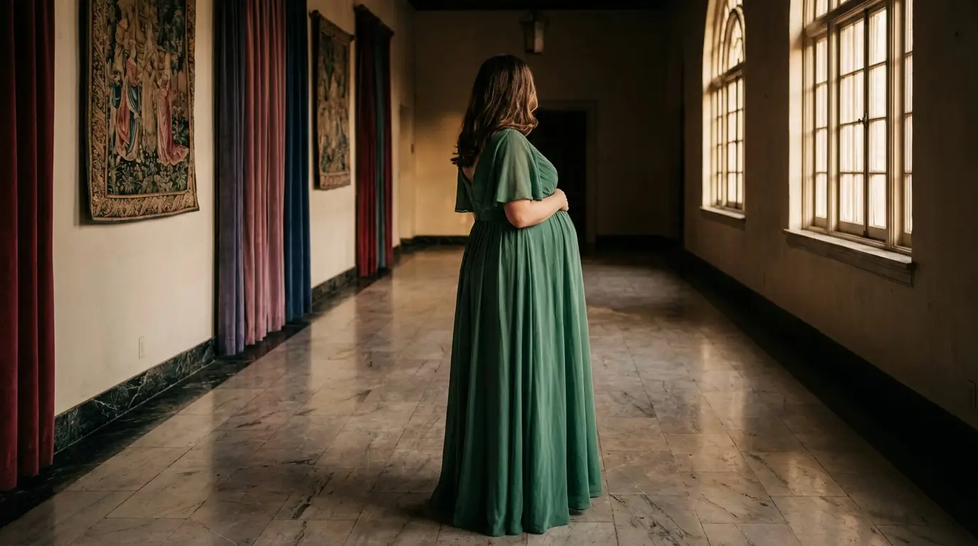 Pregnant woman in green dress standing in sunlit hallway with tapestries on walls