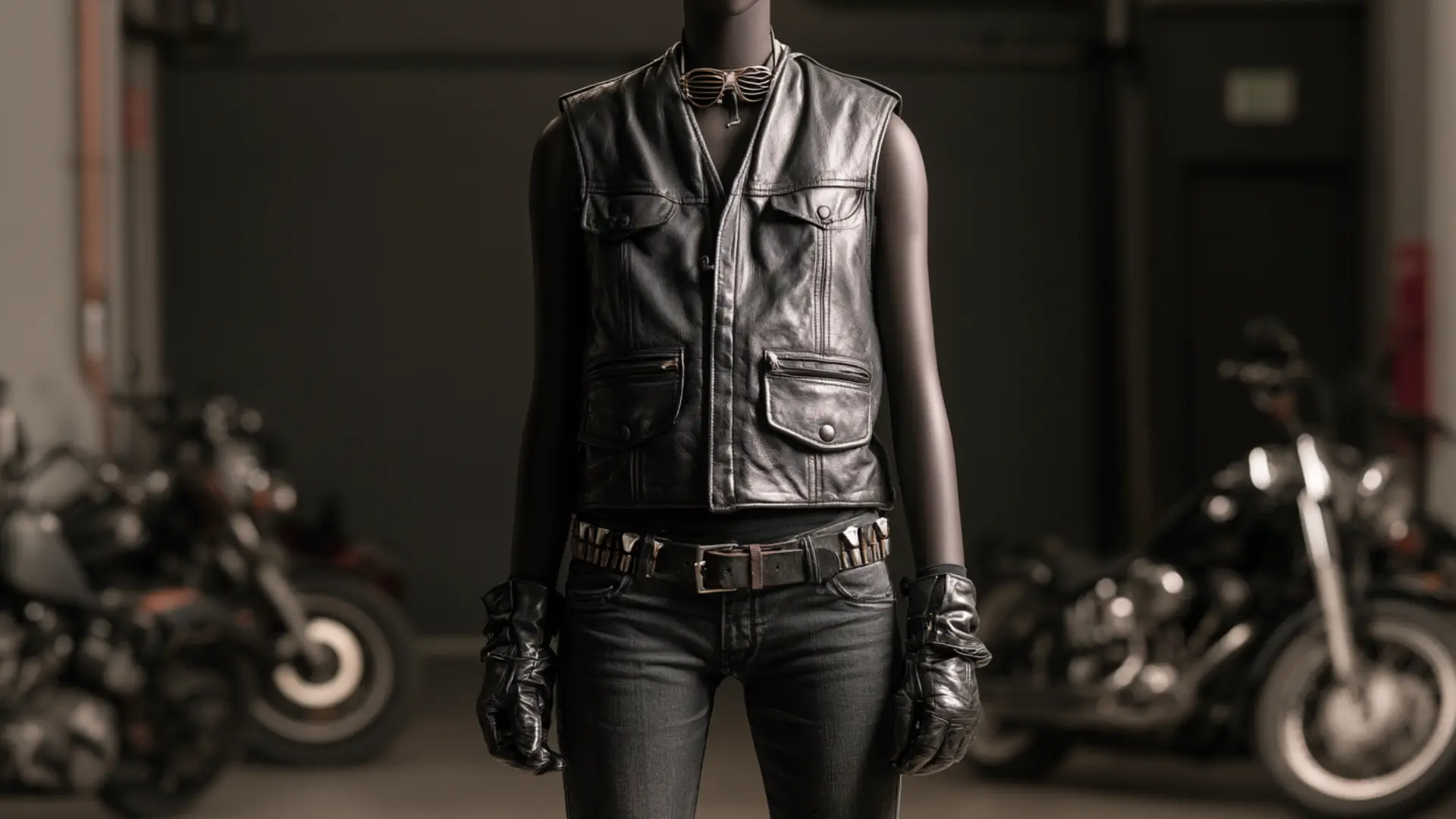 punk biker outfit with leather vest dark jeans and boots