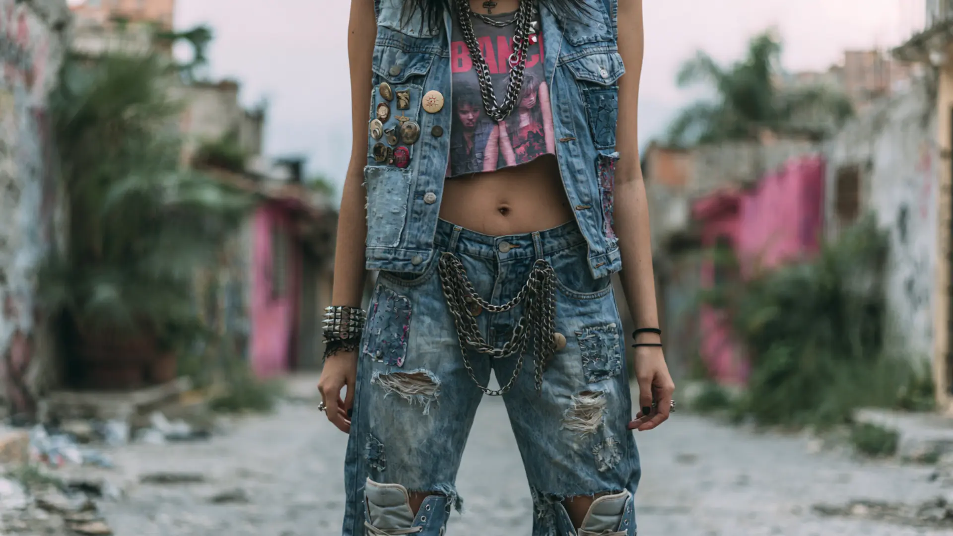 punk denim outfit with patched vest ripped jeans and sneakers