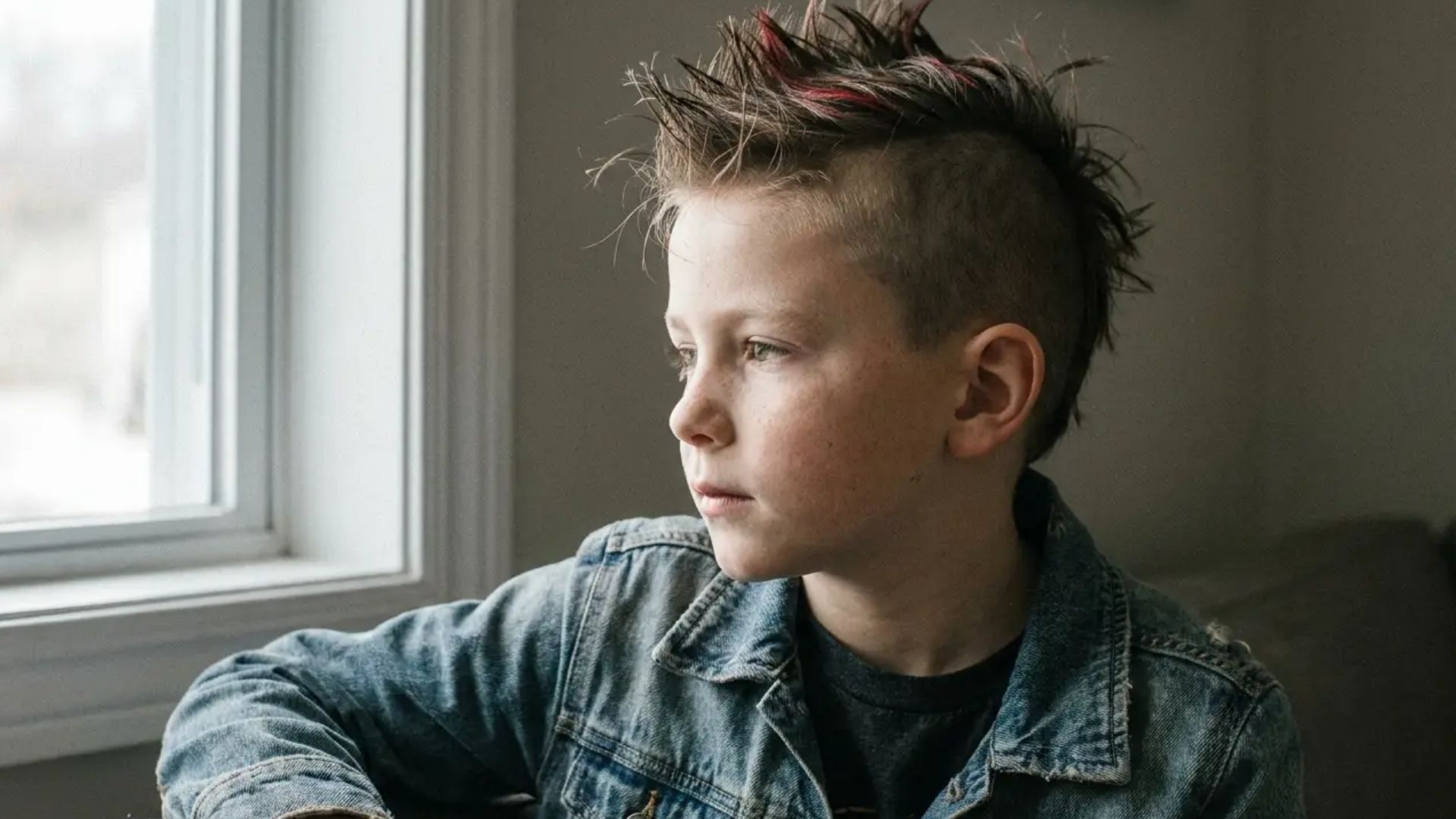 Punk-inspired kids haircut featuring spiked mohawk with red streaks and shaved sides, shown in side profile wearing a denim jacket indoors.