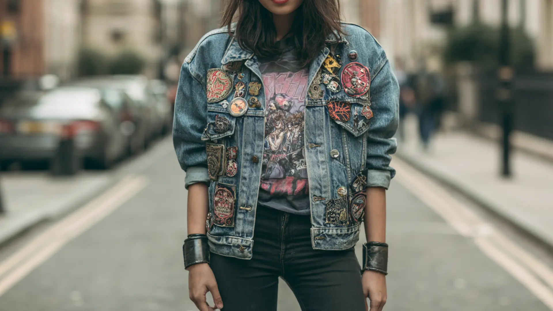 80s punk rocker outfit with patched denim jacket black jeans and boots