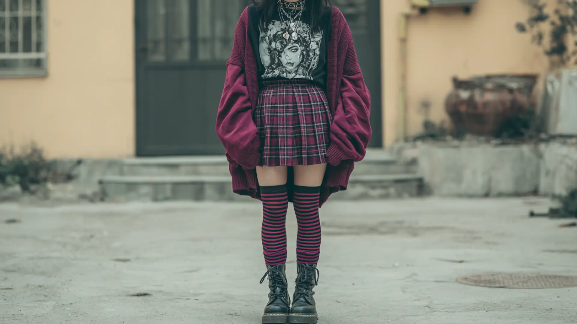 punk schoolgirl outfit with plaid skirt striped tights and boots