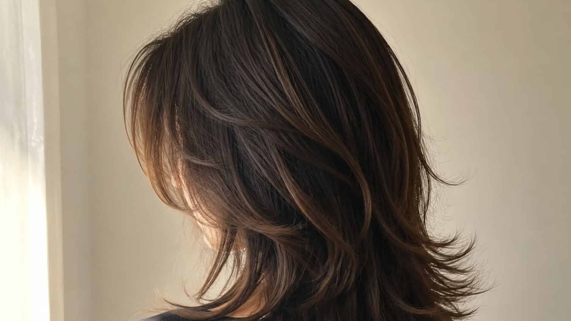 Layered Rachel cut hairstyle with shaggy face-framing layers and soft blown-out volume, a popular Y2K haircut trend.