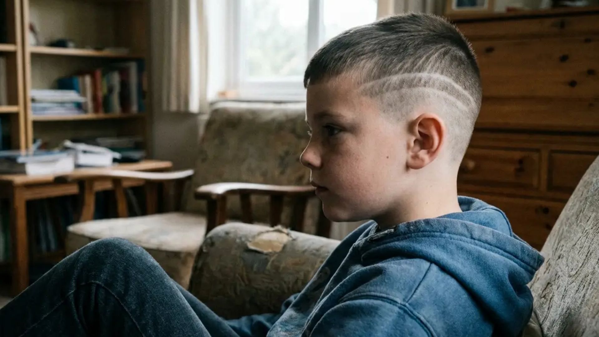 Short fade haircut featuring decorative racing stripe shaved lines on the side, shown in side profile indoors.