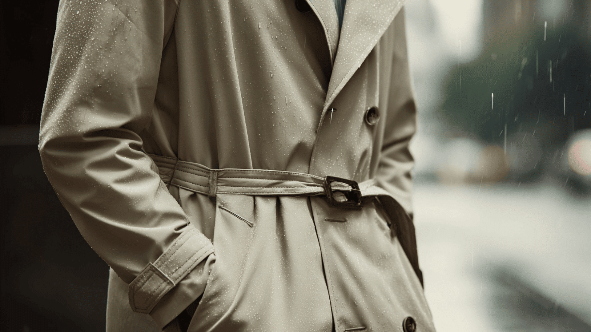 Waterproof rain trench with classic trench styling for professional rainy day outfits
