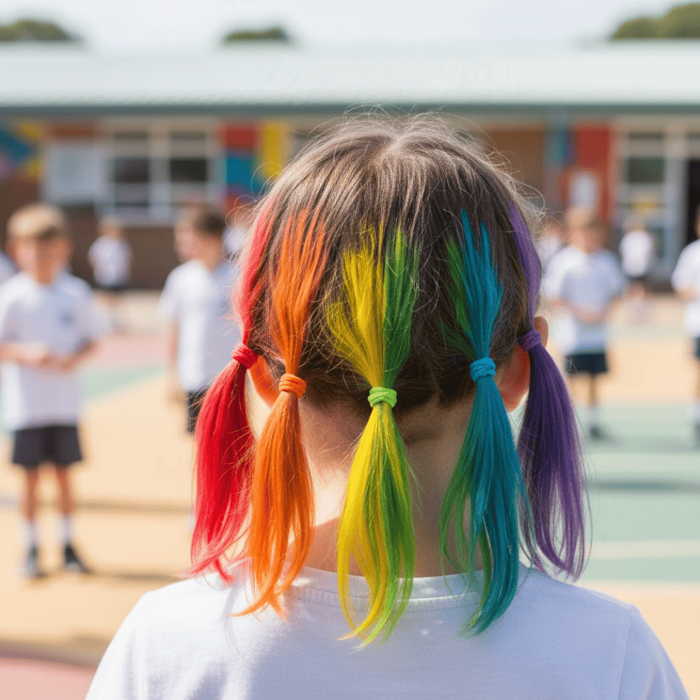 Rear view of a child with rainbow colored ponytails tied into sections in a school playground environment.