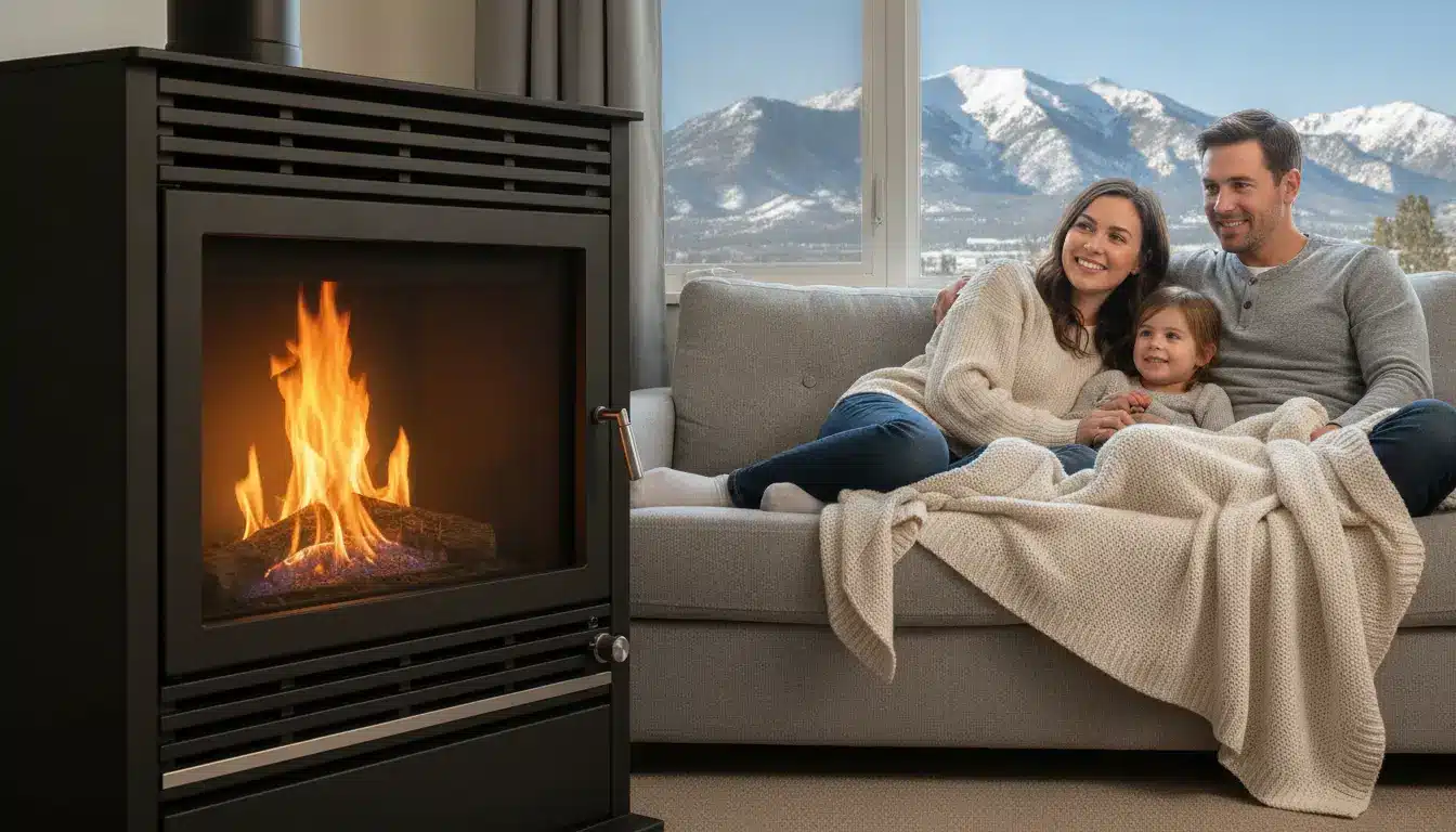 Family sitting on sofa by modern fireplace, mountain view through window, cozy atmosphere