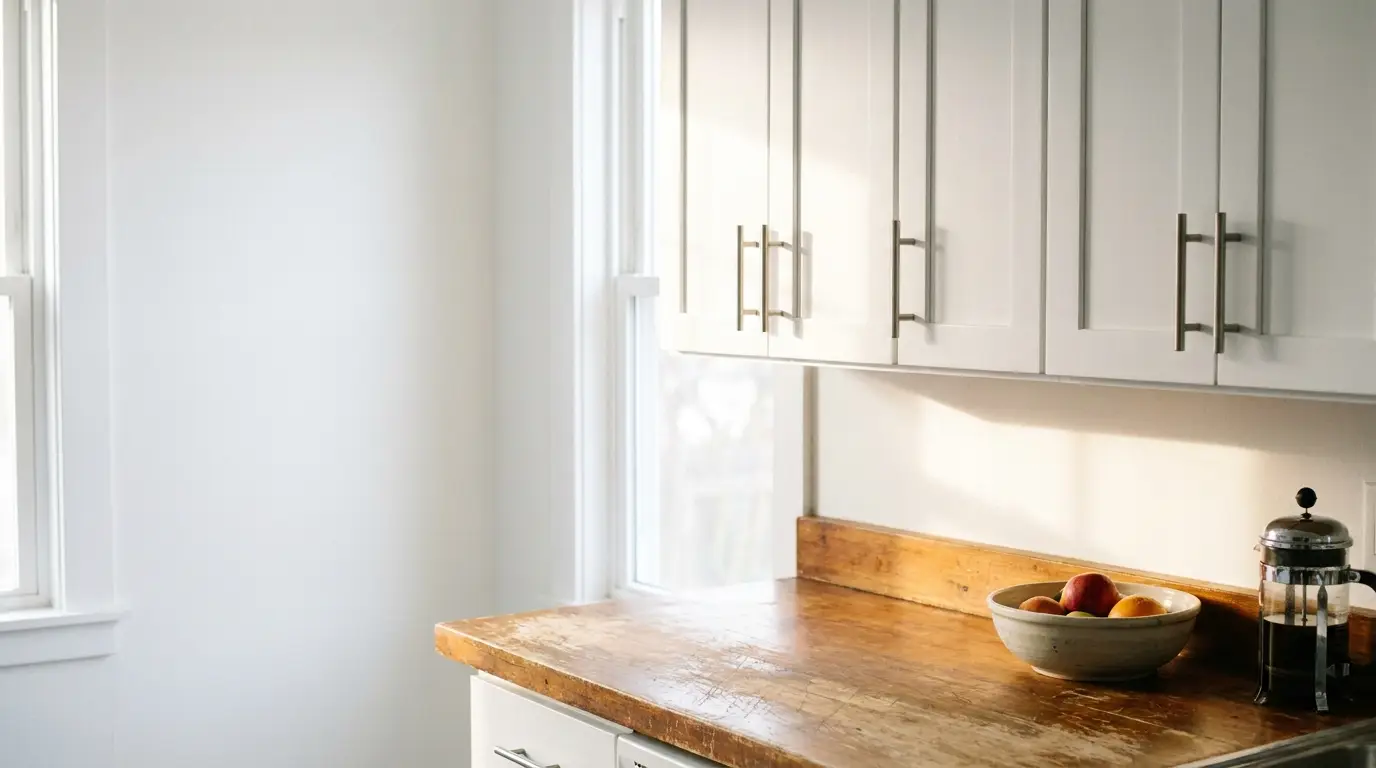 Wooden kitchen counter with bowl of fruit and stainless steel French press under natural light