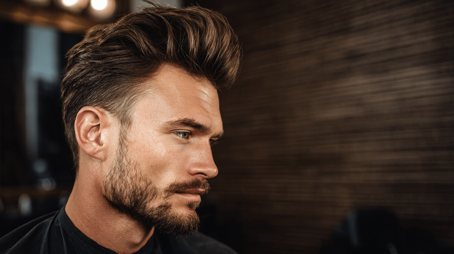 Man with pompadour hairstyle featuring voluminous swept back hair