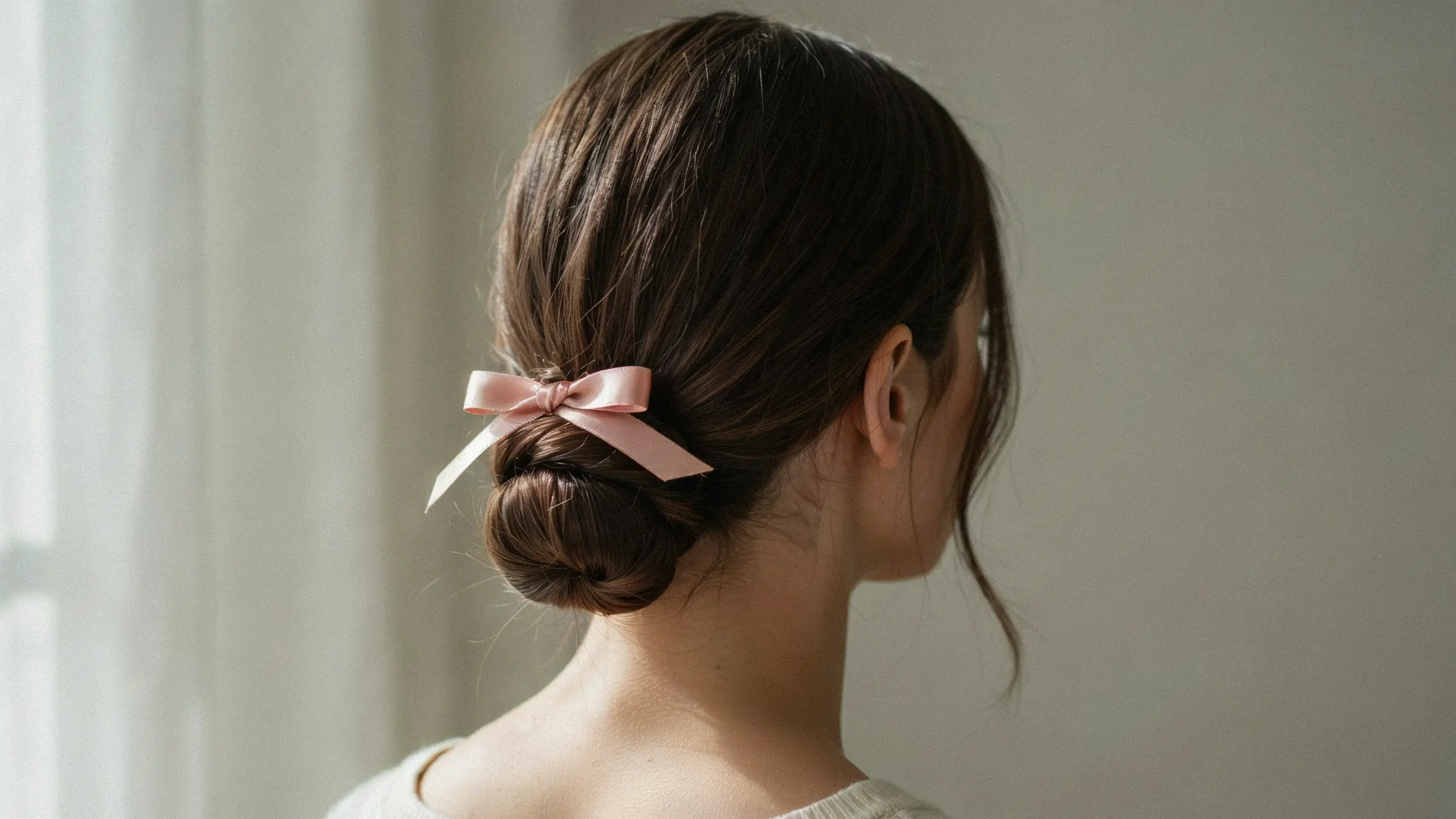 Ribbon tied low bun, a sweet pick among cute updo hairstyles