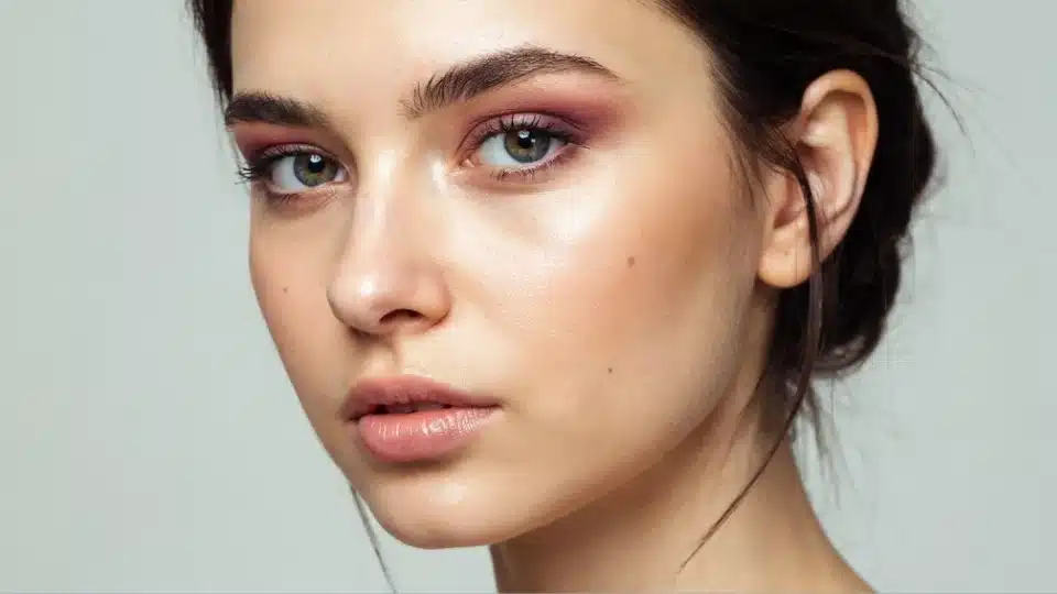 Woman wearing rich plum eyeshadow softly blended across the eyelids for a subtle everyday makeup look.