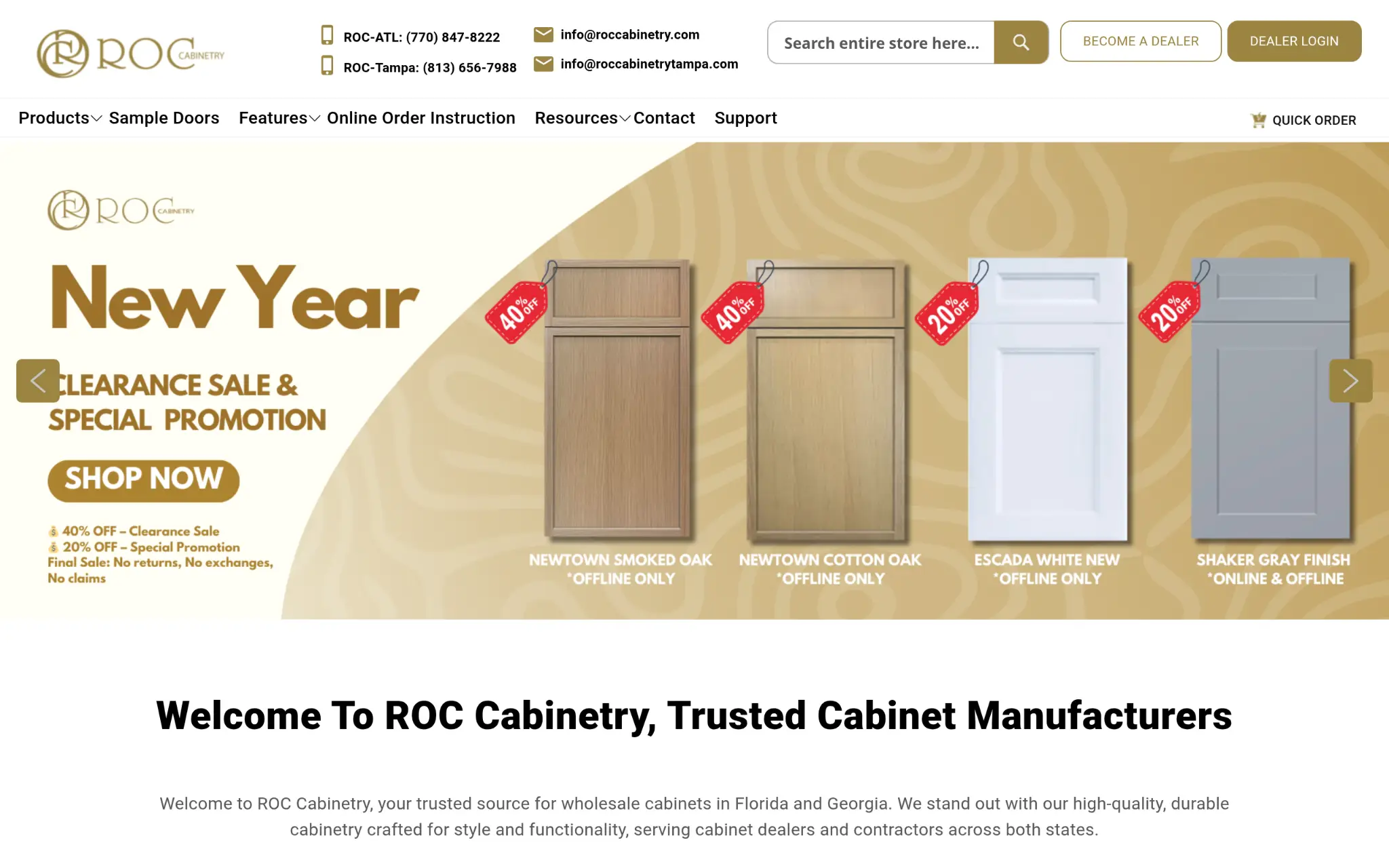 Cabinet door samples with discount tags on beige patterned background