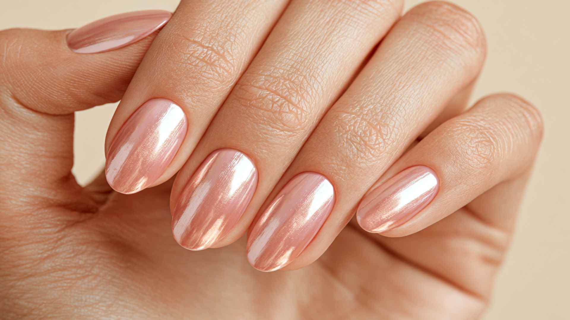 Close-up of rose gold glazed donut nails with warm pink tones and a subtle reflective metallic chrome finish in daylight