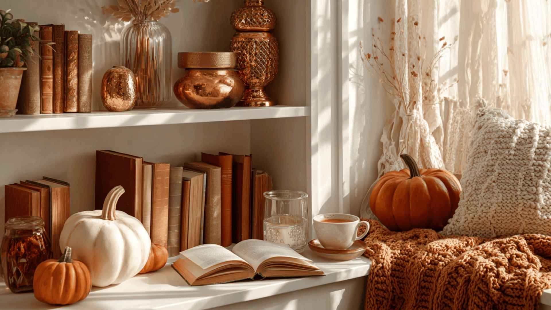Bookshelf styled with warm fall tones and a seasonal candle