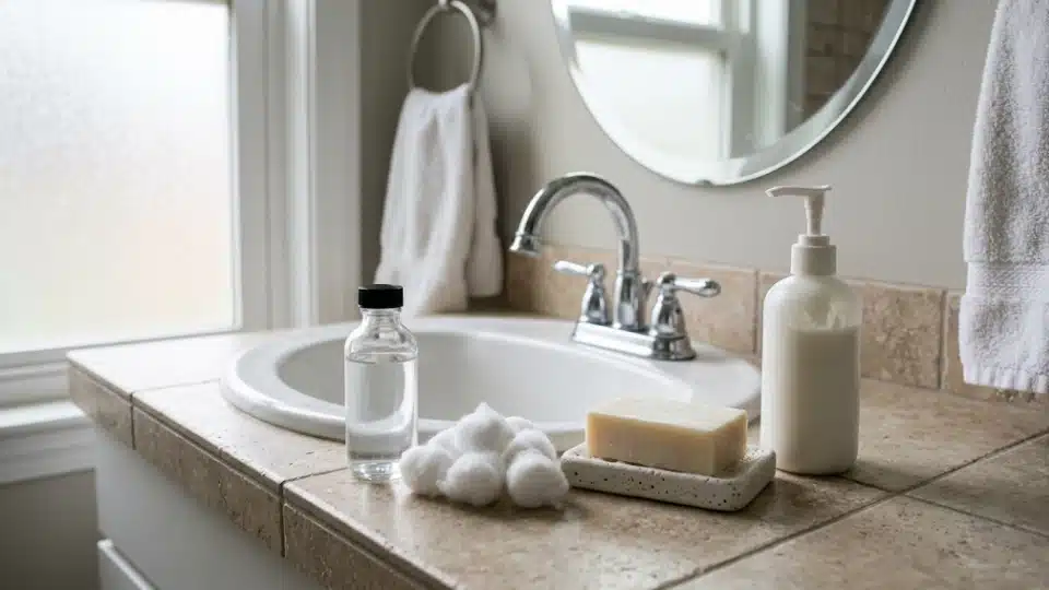 Rubbing alcohol, cotton balls, soap, and moisturizer for hair dye removal.