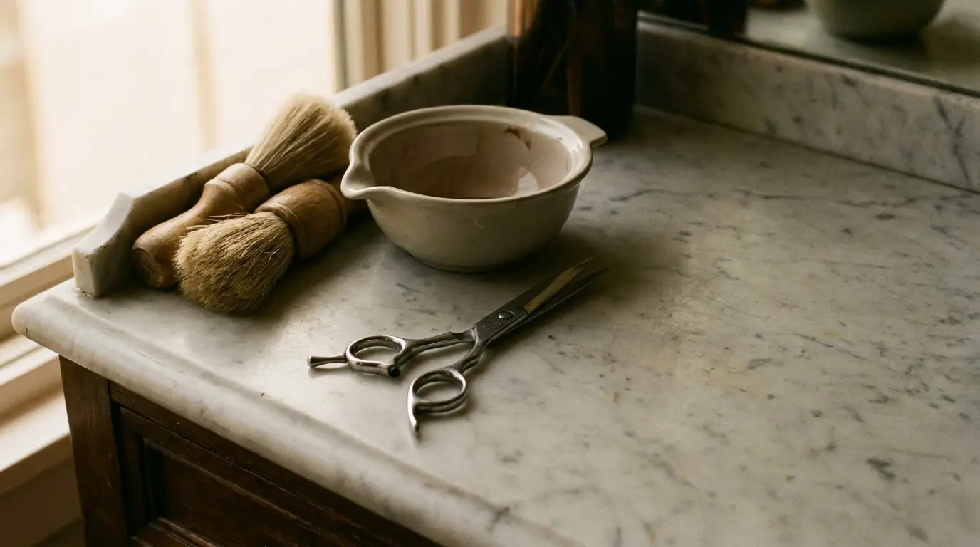 Barber scissors and shaving brushes on a marble countertop in a vintage bathroom setting
