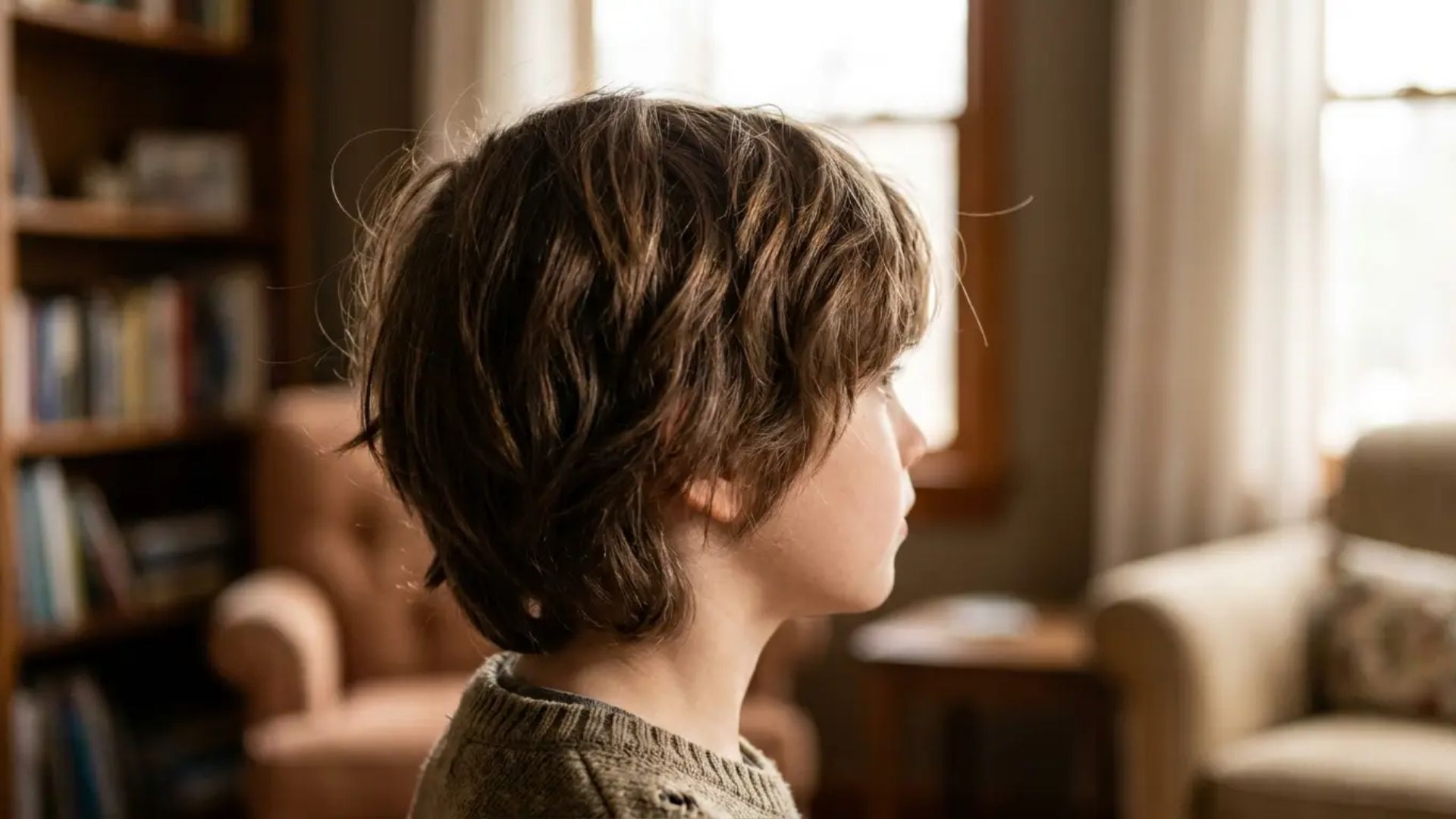 Boy with scissor cut hairstyle featuring layered medium-length hair with natural flow and soft texture, shown in side profile.